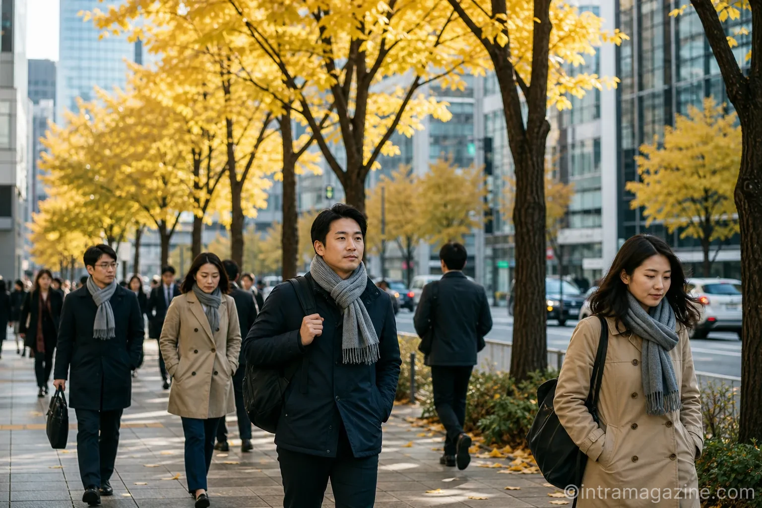 쌀쌀한 가을 날씨에 두꺼운 옷을 입고 출근하는 직장인들