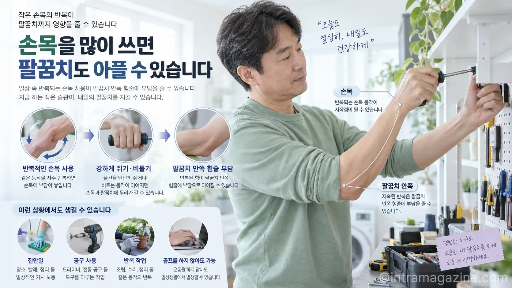 반복적으로 손목을 굽히거나 물건을 강하게 쥐고 비트는 생활은 손목뿐 아니라 팔꿈치 안쪽 힘줄에도 부담을 줄 수 있습니다.(사진=생성형AI)
