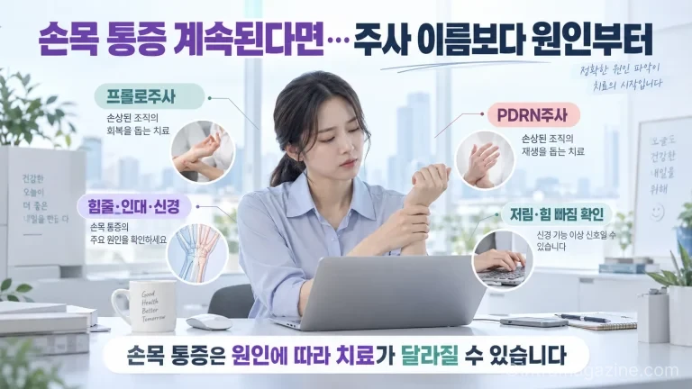 손목통증이 반복된다면 프롤로주사나 PDRN주사부터 고르기보다 통증 위치와 원인, 저림·힘 빠짐 같은 증상을 먼저 확인하는 것이 중요합니다. (사진=AI생성)
