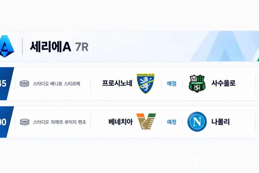 2026년 10월 17일 세리에A 7R 프로시노네 사수올로 베네치아 나폴리 경기 일정