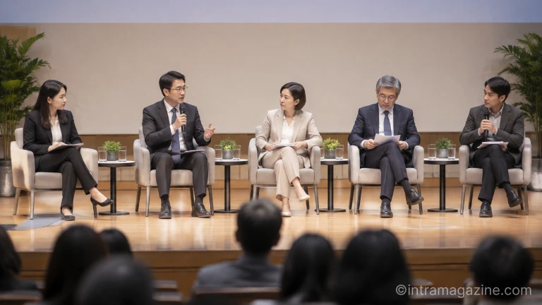 원탁 테이블과 좌석에 앉은 정책 전문가들이 마이크를 통해 토론을 진행하는 모습