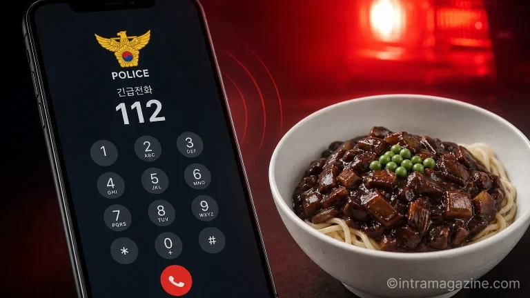 112 신고 전화 화면과 짜장면이 함께 있는 일러스트