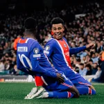 우스만 뎀벨레가 PSG 맨시티 챔피언스리그 경기에서 헤더골을 넣는 모습