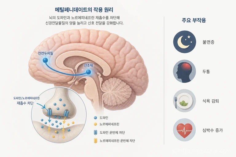 메틸페니데이트의 작용 원리와 부작용을 나타낸 인포그래픽