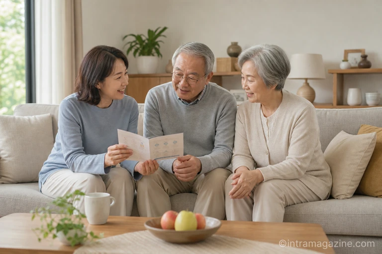 성인 예방접종 안내문을 보며 부모님께 설명하는 자녀의 모습