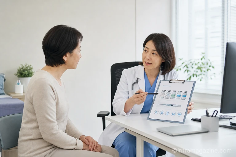 의사에게 성인 예방접종 종류와 시기에 대해 상담받는 중년 여성