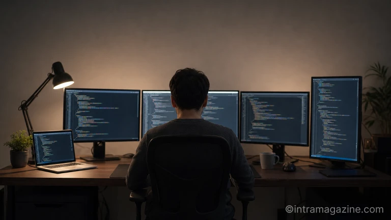 여러 모니터 앞에서 코드를 작성하고 있는 개발자의 뒷모습
