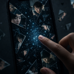 AI 합성사진의 위험성을 상징하는 깨진 스마트폰 화면과 조각난 청소년의 얼굴 이미지.