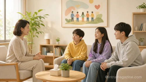 청소년성문화센터에서 상담사와 청소년들이 마주앉아 대화하는 모습.