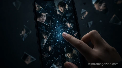 AI 합성사진의 위험성을 상징하는 깨진 스마트폰 화면과 조각난 청소년의 얼굴 이미지.
