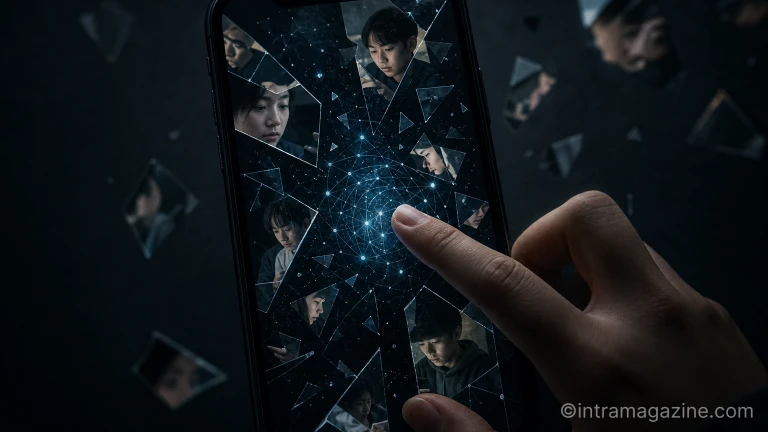 AI 합성사진의 위험성을 상징하는 깨진 스마트폰 화면과 조각난 청소년의 얼굴 이미지.