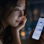 스마트폰으로 AI 심리상담 챗봇과 대화하는 사람의 옆모습.