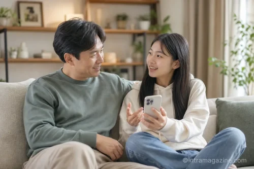 십대 자녀와 보호자가 거실 소파에 앉아 스마트폰 AI 이용에 대해 대화하고 있다.