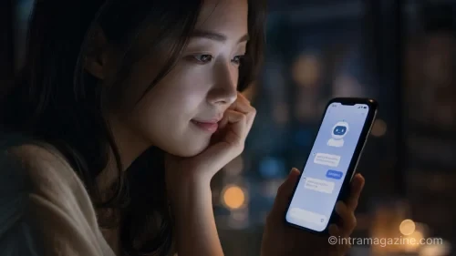 스마트폰으로 AI 심리상담 챗봇과 대화하는 사람의 옆모습.