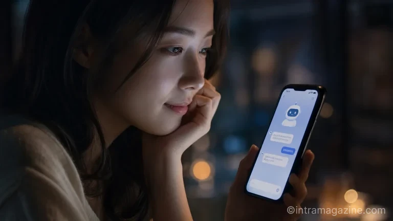 스마트폰으로 AI 심리상담 챗봇과 대화하는 사람의 옆모습.