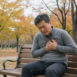 쌀쌀한 가을 날씨에 가슴 통증으로 힘들어하는 중년 남성