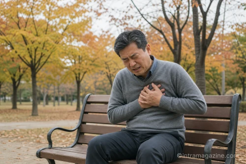 쌀쌀한 가을 날씨에 가슴 통증으로 힘들어하는 중년 남성