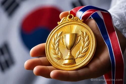 금메달을 들고 있는 손 클로즈업
