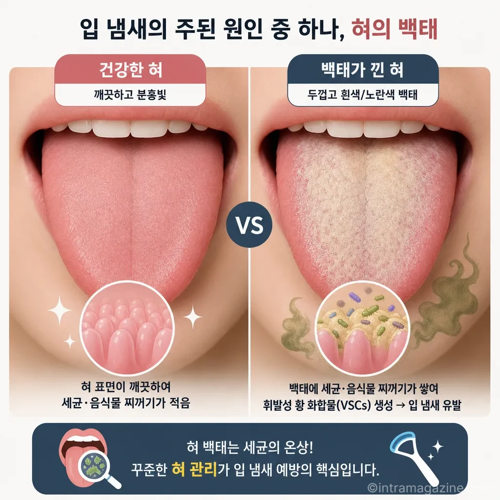 건강한 혀와 백태가 낀 혀의 비교