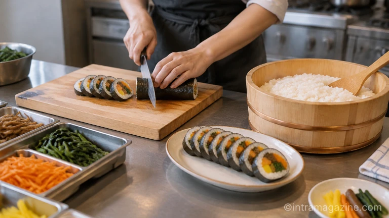분식 식당에서 김밥을 조리해 접시에 담아내는 모습