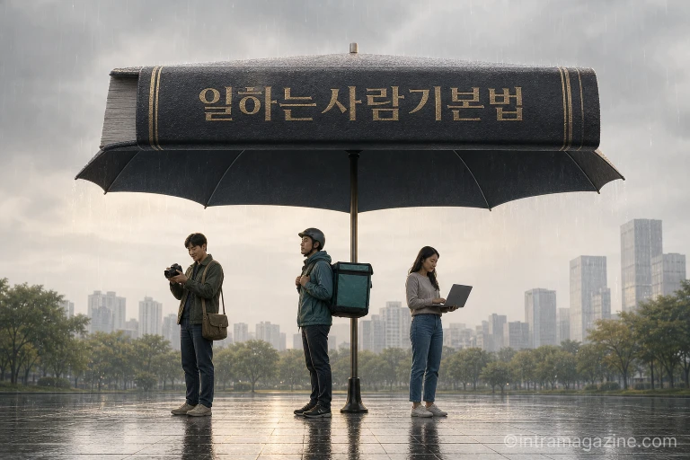 일하는사람기본법이 다양한 형태의 노동자들을 보호하는 안전망이 된다는 것을 상징하는 이미지