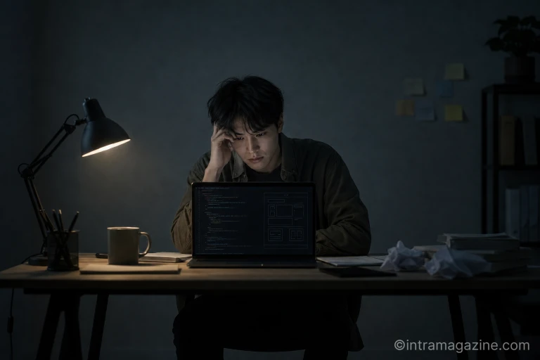 노트북 앞에서 고민에 빠진 청년 프리랜서의 모습