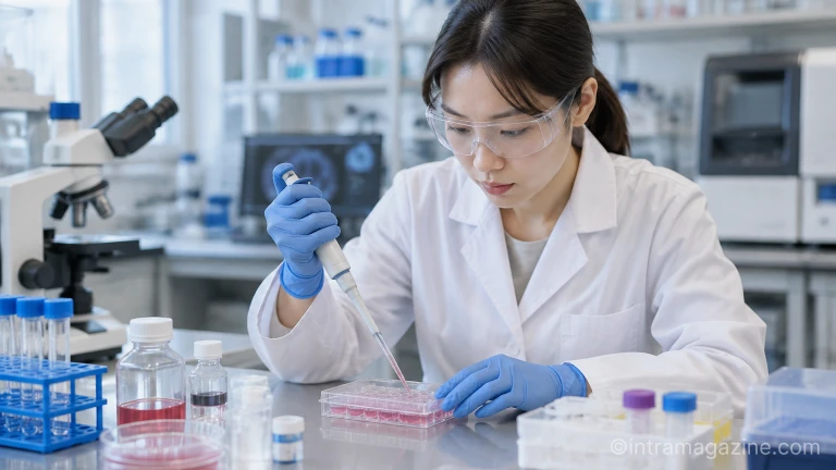 실험실에서 연구원이 파이펫으로 시약을 배양 용기에 투여하며 신경 병리 연구를 진행하는 모습