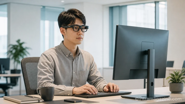 스마트 안경을 착용하고 별도의 조작 도구 없이 모니터를 바라보며 작업하는 직장인