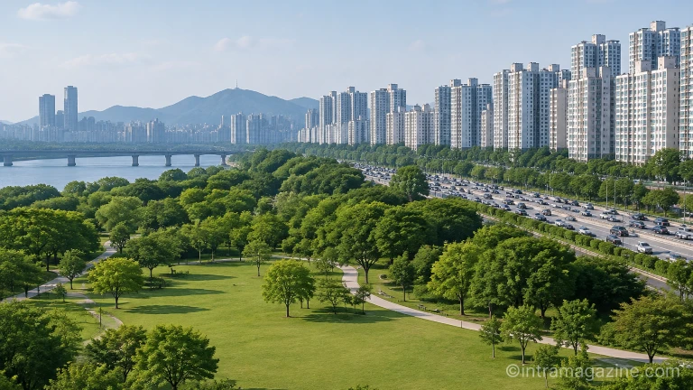 녹지 공간과 차량 통행이 많은 도로가 공존하는 도심 환경