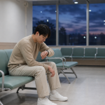 병원 대기실에서 혈액검사 공복 시간을 기다리는 사람