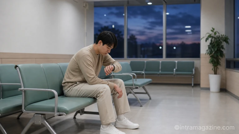 병원 대기실에서 혈액검사 공복 시간을 기다리는 사람