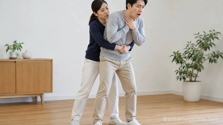 기도 폐쇄 응급 처치 복부 밀어내기 자세 시연