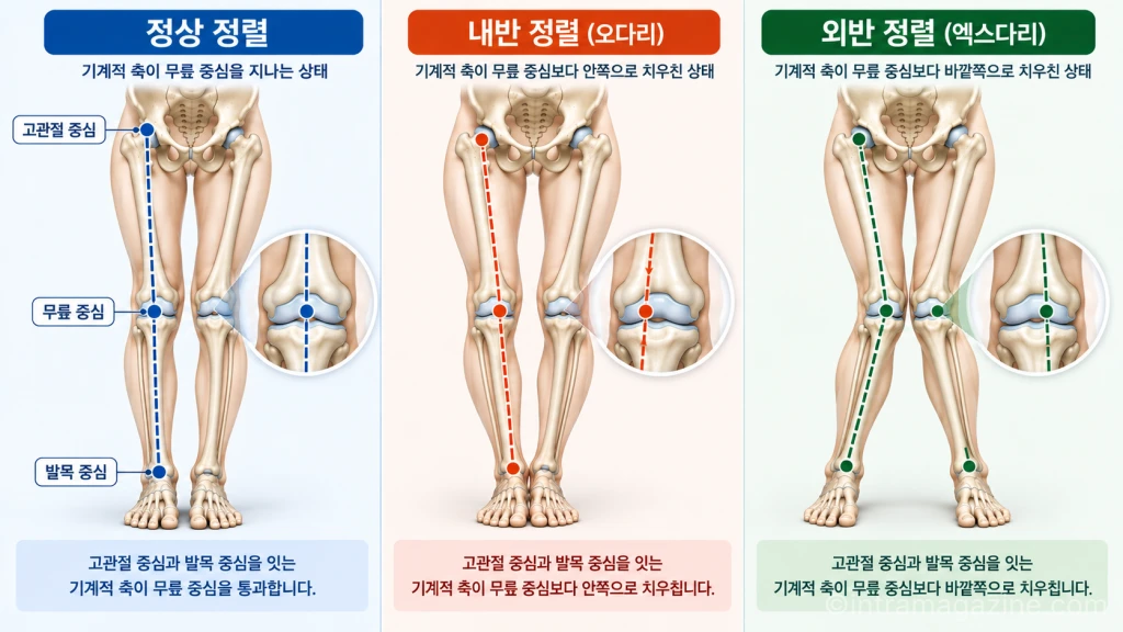 하지의 기계적 축을 보여주는 전문 의료 해부학 인포그래픽
