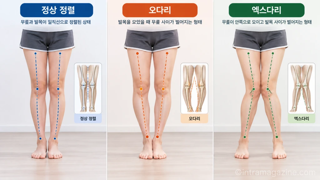 휜다리교정, 정상적인 하지 정렬과 오다리, 엑스다리의 차이를 한눈에 비교할 수 있는 전문 의료 인포그래픽