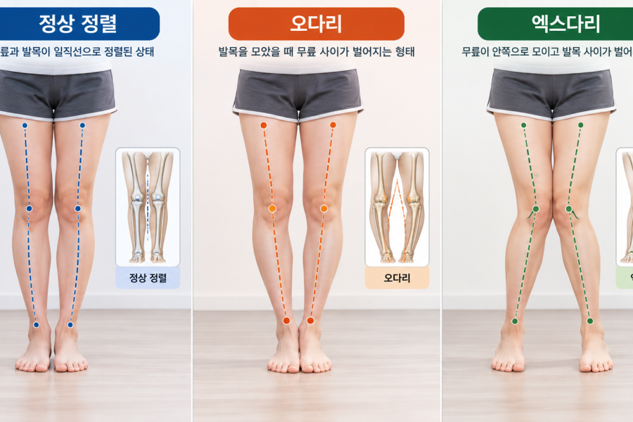 휜다리교정, 정상적인 하지 정렬과 오다리, 엑스다리의 차이를 한눈에 비교할 수 있는 전문 의료 인포그래픽