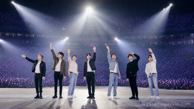 콘서트 무대 위에서 공연하는 방탄소년단 멤버들