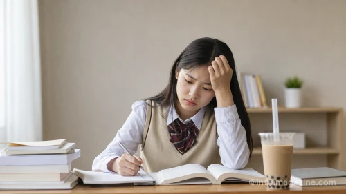 책상에 앉아 있는 피곤한 모습의 청소년과 옆에 놓인 버블티