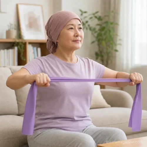 집에서 탄력 밴드를 이용해 가벼운 근력 운동을 하는 여성