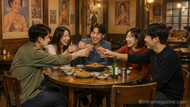 복고풍 분위기의 식당에서 모임을 가지며 술잔을 나누는 사람들의 모습