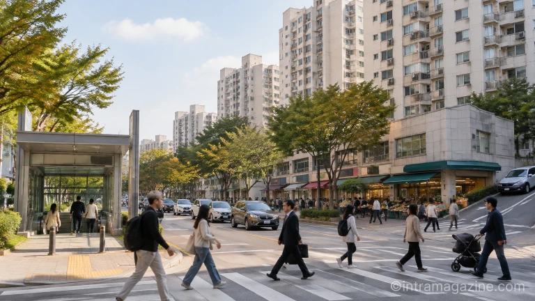 지하철역 인근 도로와 보행로를 따라 이어진 아파트 단지 주변 거리