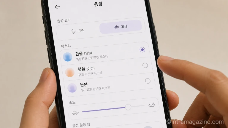 챗GPT 음성 설정 화면에서 새로 추가된 한국어 목소리 '한울'과 '햇살'을 선택하는 모습