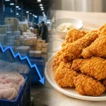 하락하는 닭고기 시세 그래프와 가격 변동 없는 프라이드 치킨