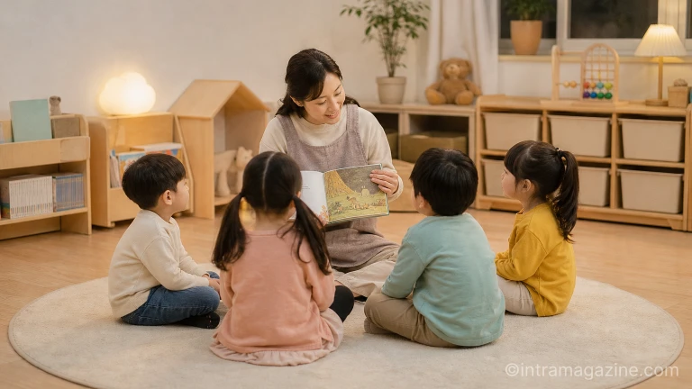 저녁 시간 어린이집에서 교사가 아이들에게 책을 읽어주는 야간연장 보육 현장