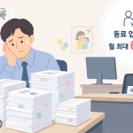 육아휴직으로 자리가 빈 동료의 업무까지 떠안은 직장인의 모습과 업무분담지원금 혜택을 나타내는 일러스트