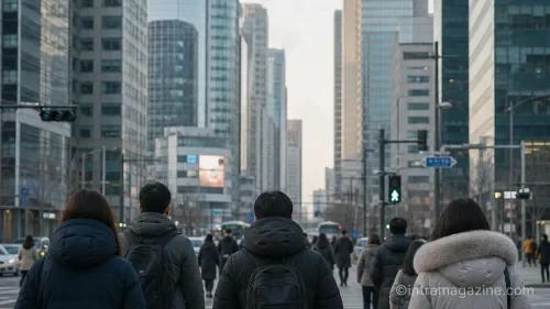 쌀쌀한 날씨에 두꺼운 옷을 입고 출근하는 시민들