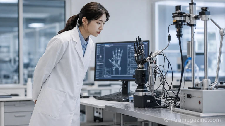 BCI 기술과 연결된 로봇 손을 연구하는 과학자