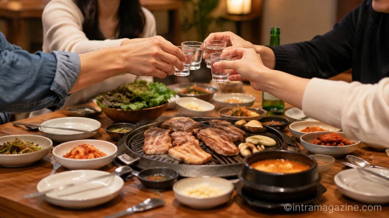 테이블에 둘러앉아 소주잔과 안주를 앞에 두고 담소를 나누는 식사 테이블의 모습