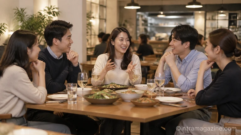 식당에서 모여 편안하게 대화를 나누고 있는 직장인들의 소통 모임 모습