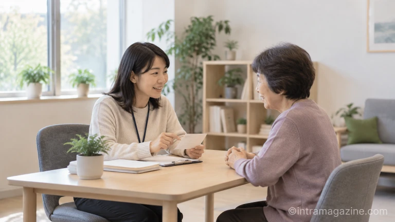 상담실에서 마주 앉아 대화를 나누는 동료지원인과 참여자