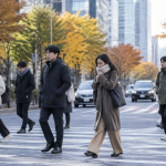 날씨 찬 바람이 부는 도심 횡단보도에서 겉옷을 여미고 걸어가는 시민들의 모습